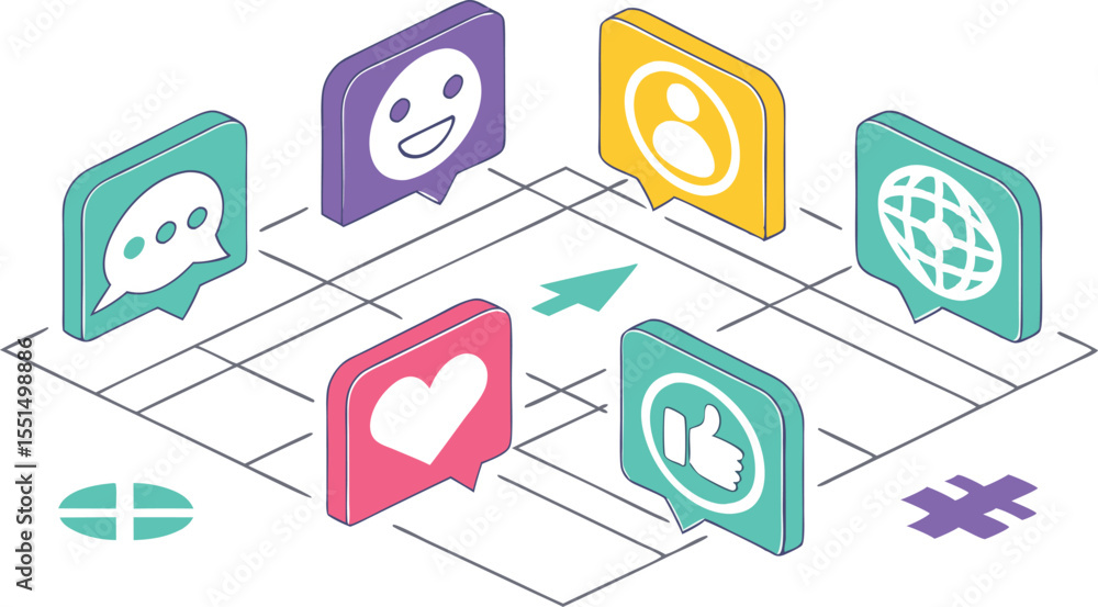 Poster social media icons and network grid with arrow silhouette isolated on transparent background