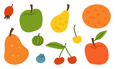 set of fruits, vegetables, and berries for a healthy diet. Apple, pear, orange, cherry, sweet cherry, blueberry, and others. Flat color illustration. For posters, blogs, fitness, summer lifestyle.