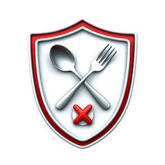 Dietary Restriction Symbol Shield Spoon Fork Red Cross Graphic Design element for food allergy warning apps websites and packaging, transparent background