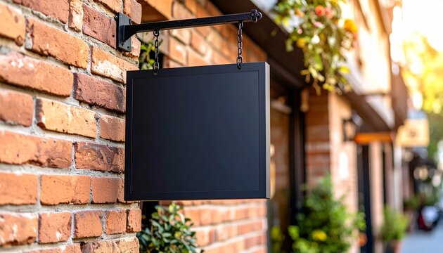 Blank Black Square Sign Hanging on Brick Wall Mockup for Business