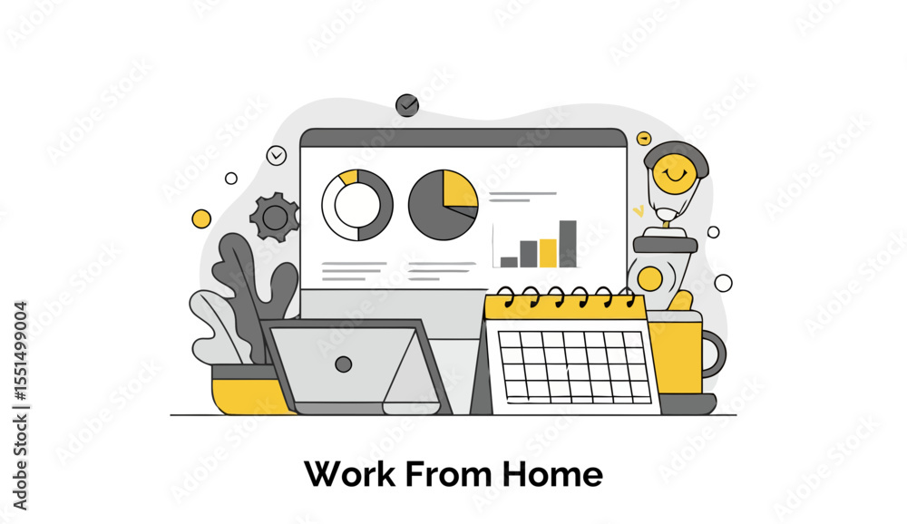 Poster modern office worker at home displays data on computer screen with calendar and other office supplie
