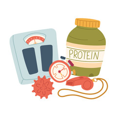 group of fitness items are scattered haphazardly. Scales, whistle, protein, stopwatch, and massage ball. Flat color illustration. For posters, sportswear, packaging, and health and lifestyle blogs