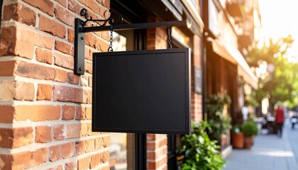 Blank Black Square Sign Hanging on Brick Wall Perfect for Business Branding