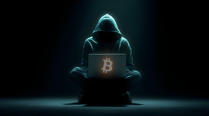 Mysterious Hooded Figure Bitcoin Cryptocurrency Hacker Laptop Dark Mood