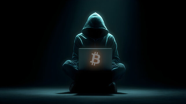 Mysterious Hooded Figure Bitcoin Cryptocurrency Hacker Laptop Dark Mood - Powered by Adobe