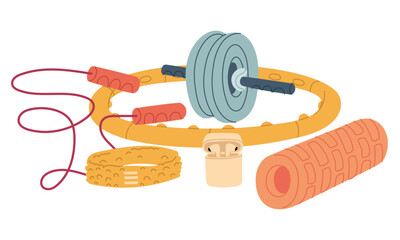 Group with fitness items. Headband, headphones, skipping rope, bandage, massage roller. Flat color illustration. Randomly scattered items. For posters, sportswear, apps, packaging, and health blogs