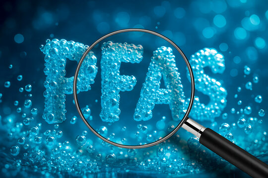 PFAS CONTAMINATION OF DRINKING WATER - Alertness about dangerous PFAS per-and polyfluoroalkyl substances presence in potable water - Concept with magnifying glass