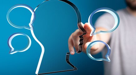Abstract image of a head with speech bubbles, representing communication and interaction.