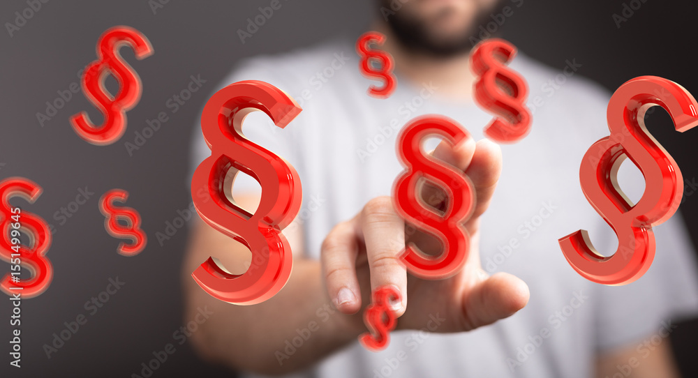 Poster Red paragraph symbols float around a person's hand, symbolizing legal concepts and understanding the law.
