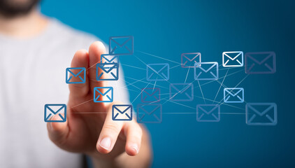 Hand interacting with digital email network.  Connectivity, communication, technology.