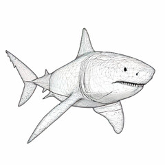 Fototapeta premium 3D wireframe great white shark illustration with detailed geometric mesh structure swimming isolated on white background vector art design