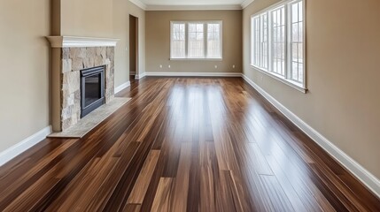 Fototapeta premium Polished hardwood floors in a spacious room.