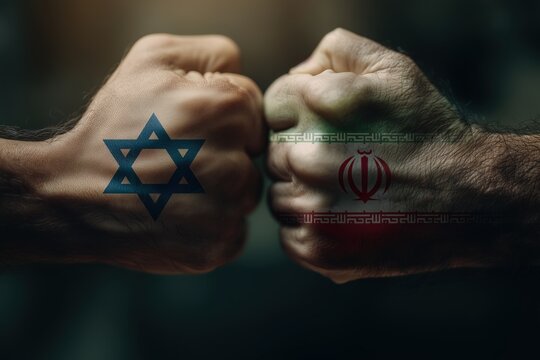 Clenched fists displaying Israeli Star of David and Iranian flag symbolize conflict and geopolitical tension.