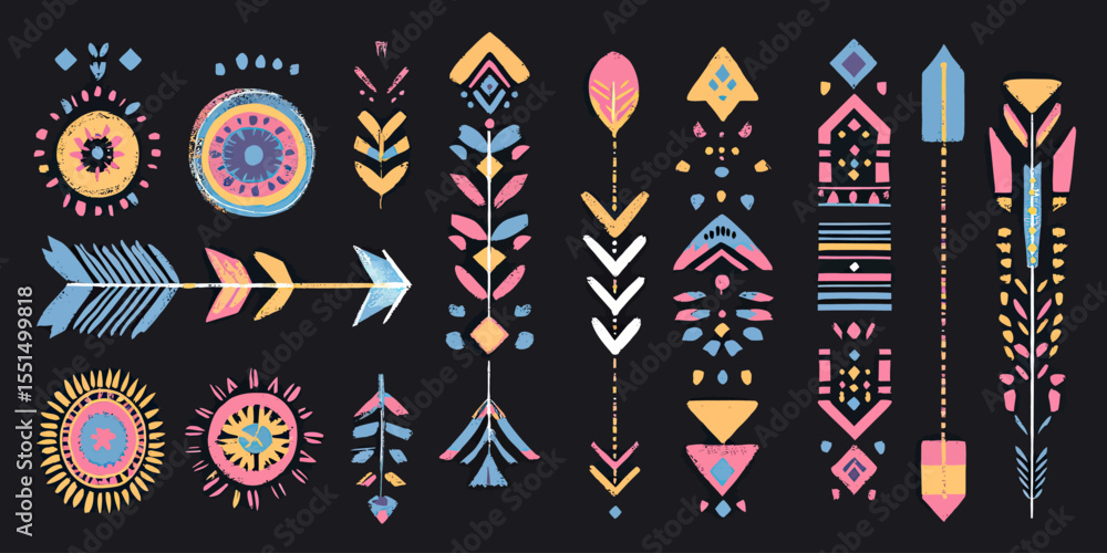 Poster hand drawn colorful ethnic arrow and geometric folk motifs vector set with tribal elements and boho 