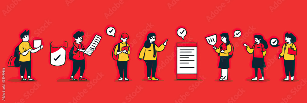 Aufkleber set of diverse business people giving feedback checking lists pointing on checklist board with check