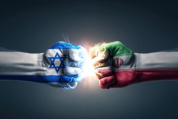 Israeli and Iranian fists clashing powerfully showcasing national flags and symbolic conflict
