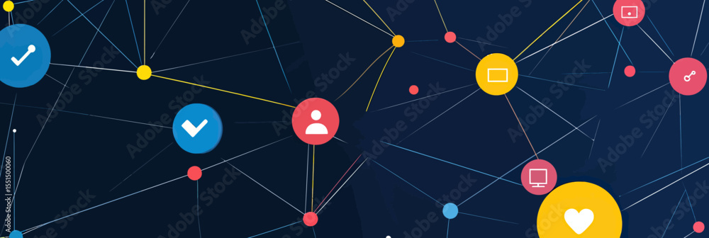 Poster abstract social network connection background with colorful user icons, technology communication nod