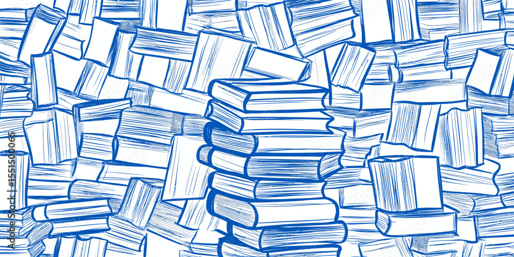 Poster stack of hand drawn sketch books with scattered open and closed books background in blue pen line ar