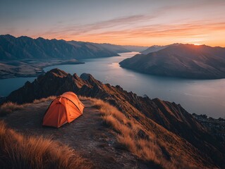An orange tent sits atop a grassy mountain peak overlooking a serene lake at colorful sunrise scene view.