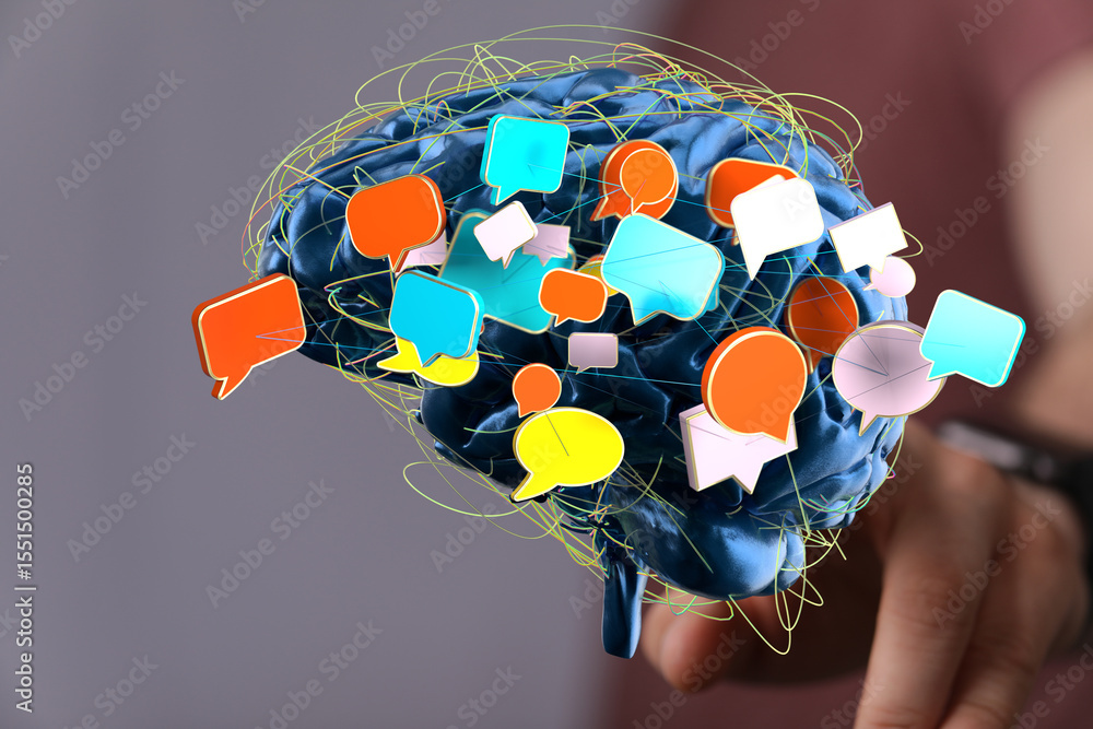 Poster abstract image of a brain with colorful speech bubbles, representing communication, ideas, and netwo