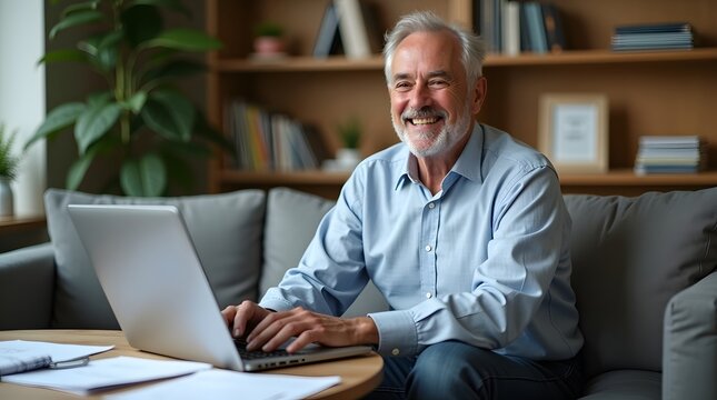Smiling elderly Caucasian man working on a laptop in a cozy living room. - Powered by Adobe
