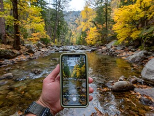 Person takes picture of scenic autumn river landscape with smartphone on a beautiful fall day outdoors.