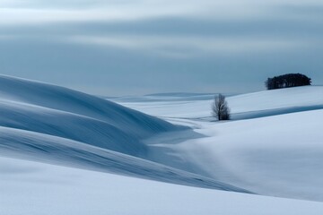 Obraz premium Winter landscape with snow-covered hills and a lonely tree on the horizon