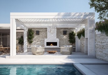 3D rendering of a modern terrace with white wooden lattices and a roof, a stone wall, plants on the sides, and a swimming pool in front of which there is an outdoor fireplace for a barbecue area.