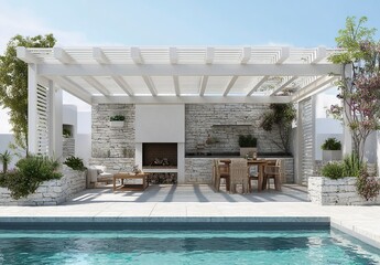 3D rendering of a modern terrace with white wooden lattices and a roof, a stone wall, plants on the sides, and a swimming pool in front of which there is an outdoor fireplace for a barbecue area.