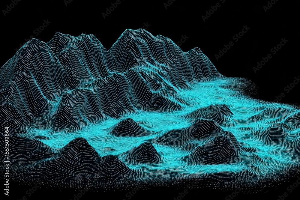 Poster abstract digital terrain. a complex, 3d landscape, rendered with cyan lines and points, creating a m