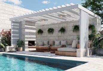 3D rendering of a modern terrace with white wooden lattices and a roof, a stone wall, plants on the sides, and a swimming pool in front of which there is an outdoor fireplace for a barbecue area.
