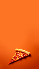 A tempting pizza slice in a vertical close-up, showcasing golden cheese and perfect crust on a bright orange background. Ideal for social media stories and reels featuring mouth-watering food