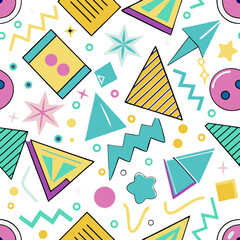 Memphis geometric seamless pattern. Cool abstract background in retro 80s, 90s style with basic shapes: star, arrow, triangle, circle, heart, flower, zigzag, spiral, wavy lines. Cute kid 