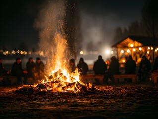 A group of silhouetted people are gathered around a crackling campfire at night with lights in background.