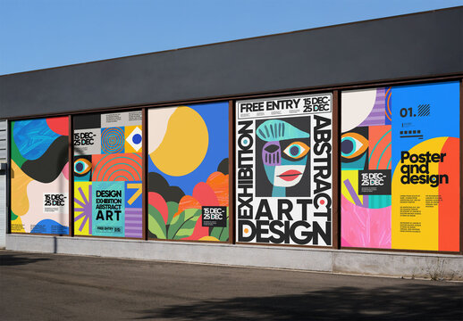 Five blank outdoor advertising posters are arranged in a row on a building's wall, ready for creative designs in a commercial area. PSD Mockup