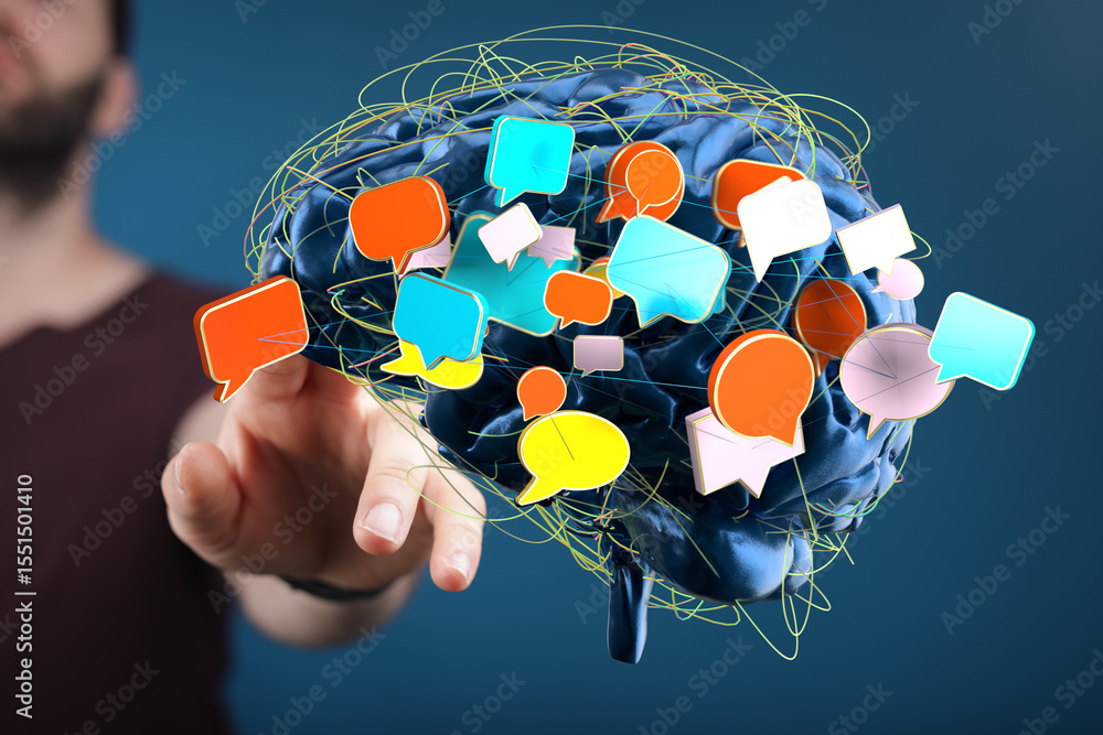 Poster Abstract image of a brain with colorful speech bubbles, representing communication, ideas, and mental processes.