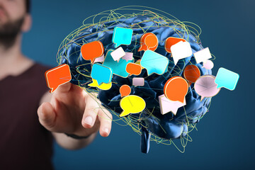Abstract image of a brain with colorful speech bubbles, representing communication, ideas, and...