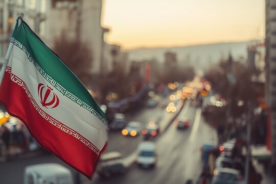 Iranian Flag Waves Against a Blurred Cityscape Background Showing Urban Life and Transportation