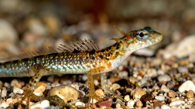 Detailed close-up view of an ornate sailfin lizard standing on small rocky ground looking to the right