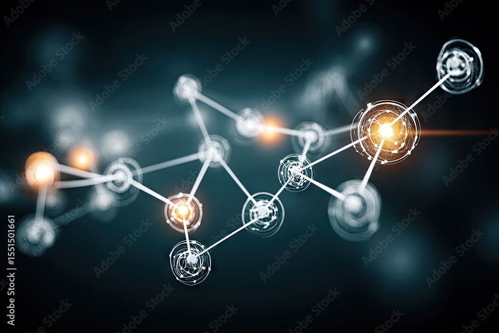 Poster abstract network of interconnected glowing nodes. intricate digital connections on a dark background