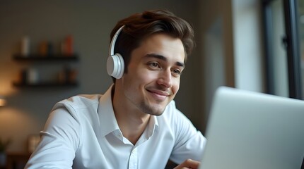 Obraz premium A young Caucasian man with headphones smiles while working on a laptop in a cozy, well-lit room.