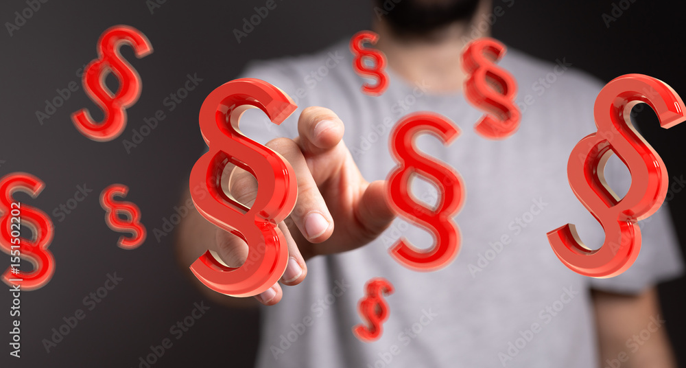 Poster abstract image of a person interacting with floating paragraph symbols, ideal for legal or law conce