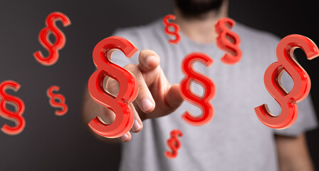 Abstract image of a person interacting with floating paragraph symbols, ideal for legal or law...