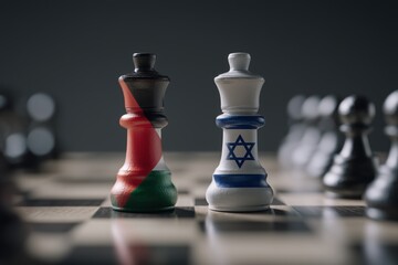 Palestinian and Israeli Flags on Chess Pieces Representing Geopolitical Conflict and Strategy