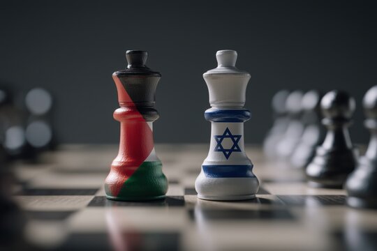 Palestinian and Israeli Flags on Chess Pieces Representing Geopolitical Conflict and Strategy