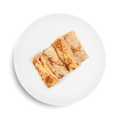A white plate with three fluffy pancakes on a clean background