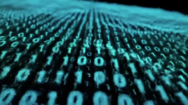 Abstract visualization of binary code flowing across a digital surface, representing data.