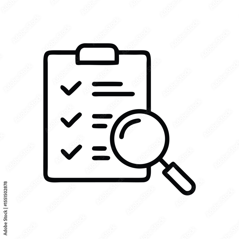 Poster checklist audit with magnifying glass icon for business analysis and task management review process