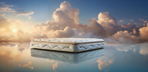 Premium mattress floating on clouds in dreamy reflective sky. 