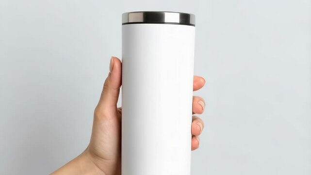 Isolated closeup of a hand holding a tall white cylindrical stainless steel tumbler against a neutral background for mockups